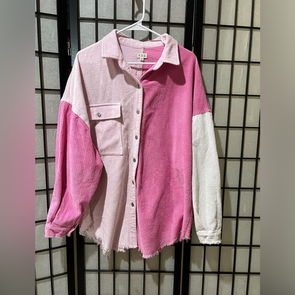 P O L Two-Tone Pink COLOR BLOCK Corduroy SHACKET with BACK Star Patch WOMEN SZ M